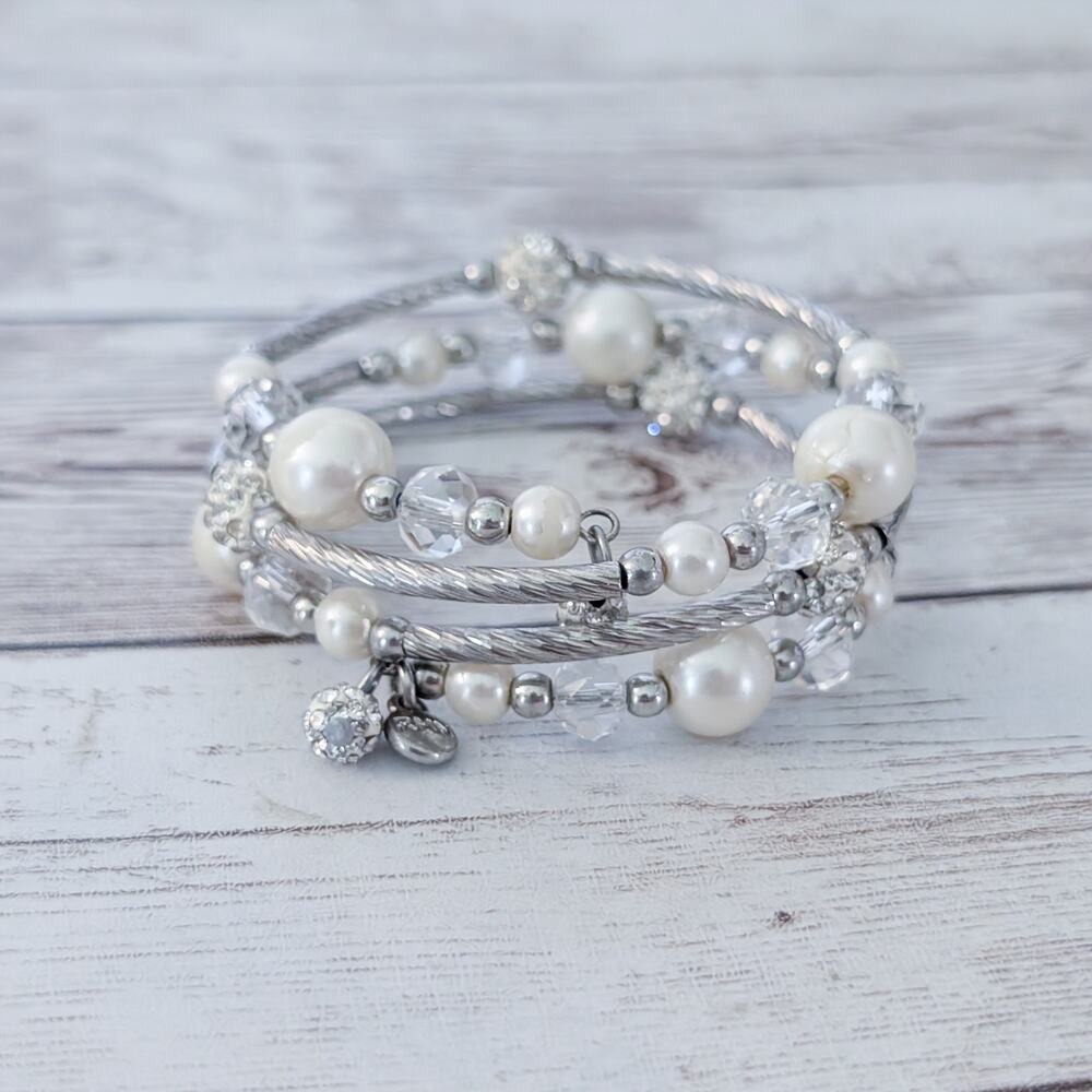Vintage Roman RMN Wrap Bracelet Silver Tone, Clear, Faux Pearl